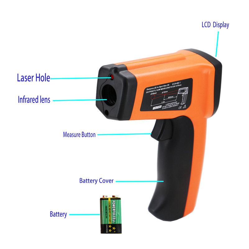 Температурен пистолет Инфрачервен термометър Цифров инструмент, ръчен с лазерно зрение Точен дисплей батерия