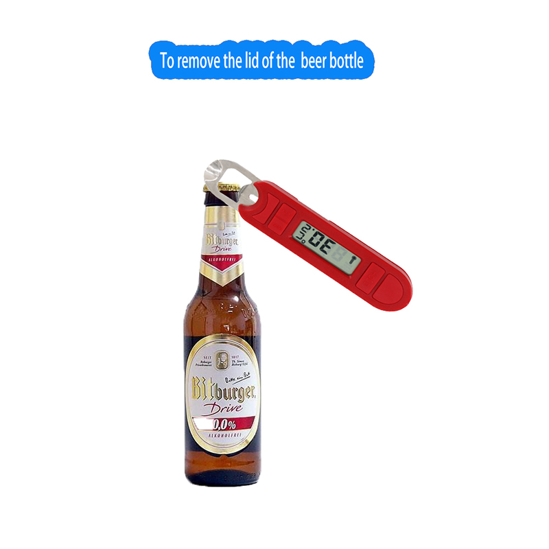Малък екран с широкоекранна употреба, показващ цифров термометър за храна с отваряне на бутилка за бира