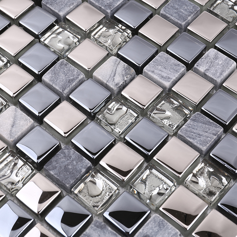 Висококачествен последен дизайн кристален стъклен мозаечен микс камък метал за кухня Backsplash стена плочка гланциран черен