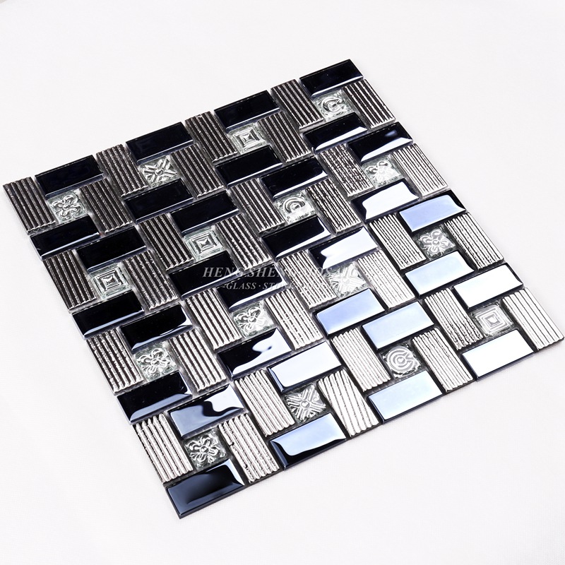 HDT01 12x12 квадратен модел, галванопластични блестящи черни и плъзгащи се иридиращи стъклени мозаечни декоративни плочки