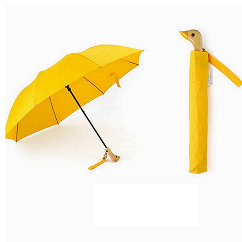 2019 Auto open Жълта патица дървена дръжка кука 2 сгъваем чадър