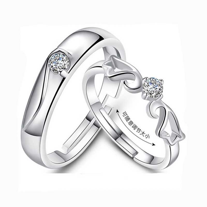 925 сребърен креативен диамантен пръстен двойка отворен двойка пръстен до пръстен на уста, сребърна бижутерия блестяща звезда