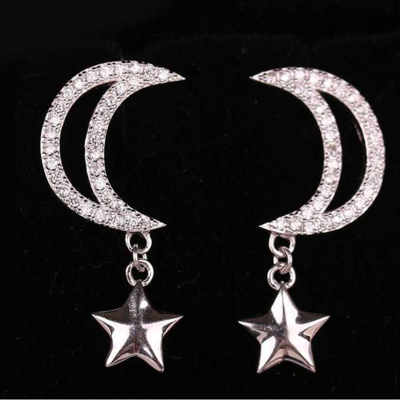 S925 Car Flower Tremella Ornament Star Moon вградени модни обеци от циркон