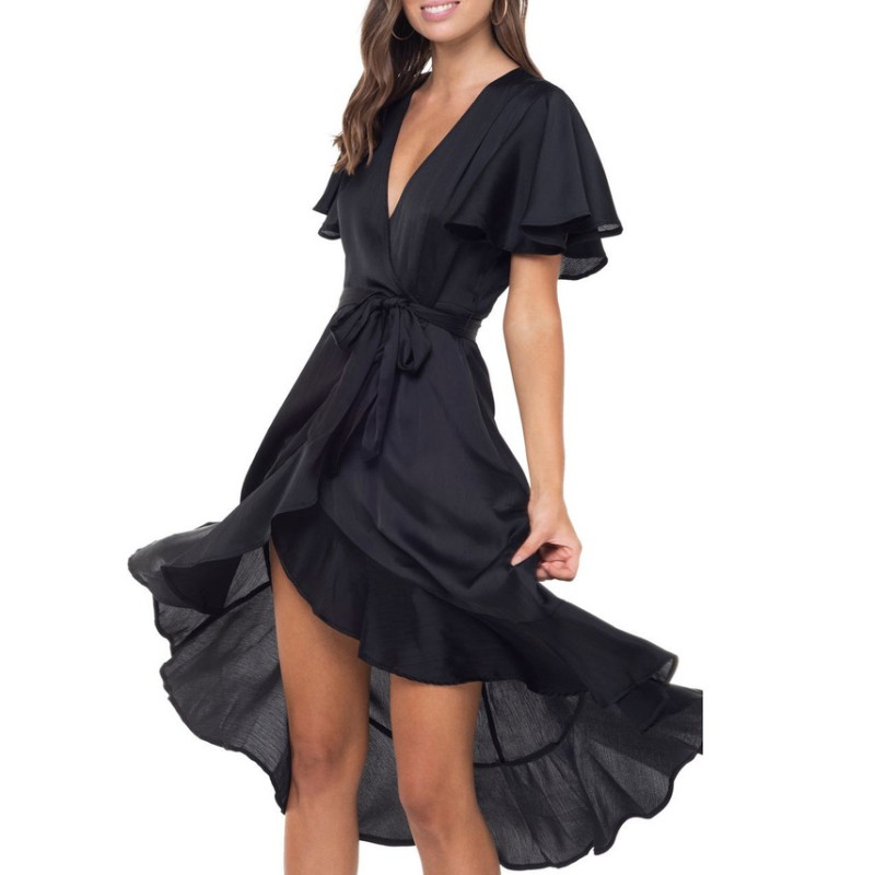 Дамска рокля с черна двойна рокля, увиваща дълга рокля