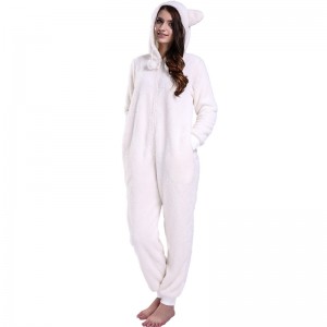 Дамски пижами с крем Onesie с качулки с животински уши