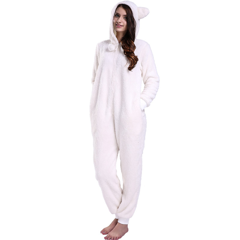 Дамски пижами с крем Onesie с качулки с животински уши