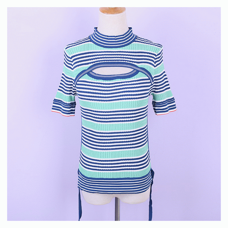 Лятна Bodycon Turtleneck Hole Center Дамски райе тънки пуловери