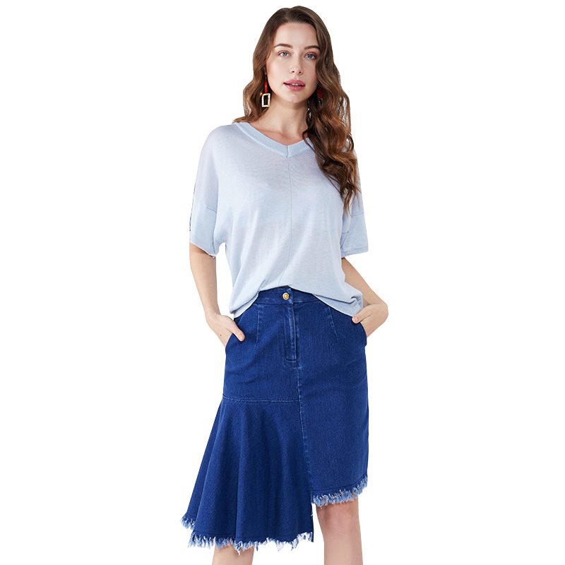 Синя пачуърк асиметрична дънка до коляното Midi Denim пола JCGJ190315027