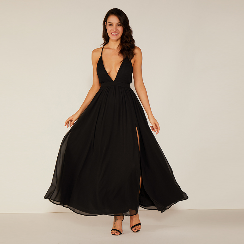 Висококачествени рокли с дълбок V черен вечерен макси шифон, елегантни рокли