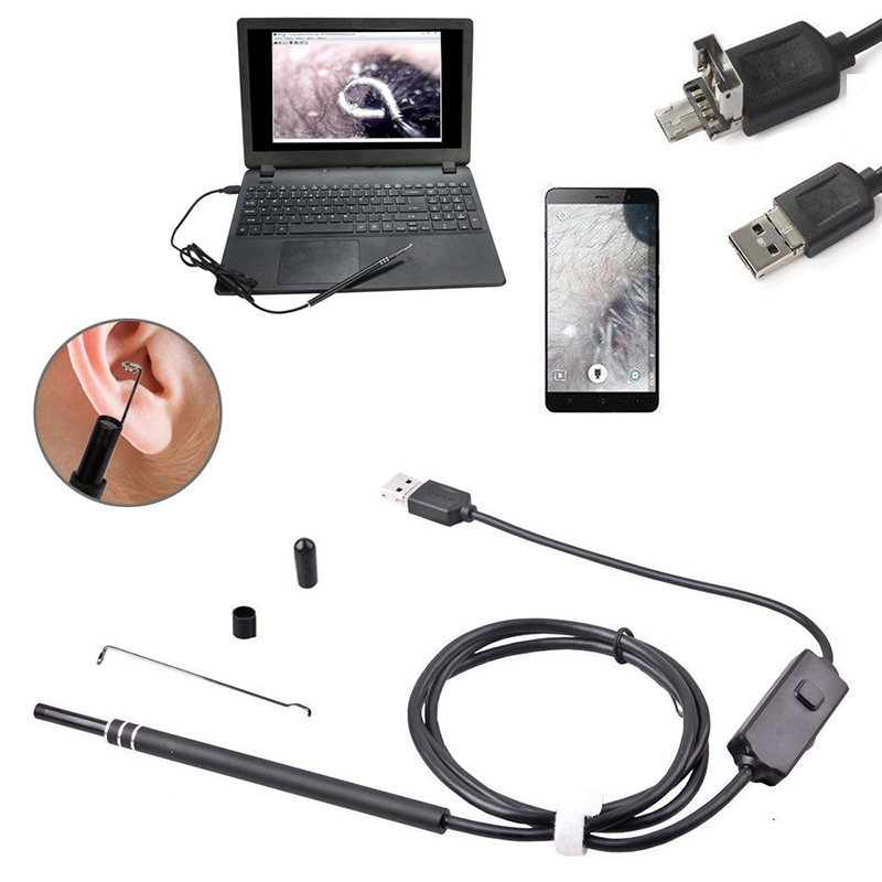 2 в 1 Borescope Инспекция Ухото за отстраняване на восък 720P Водоустойчива камера с 6 Регулируеми LED съвместими с Android и iOS