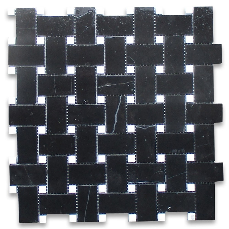 Черен мрамор Nero marquina 1х2 мозаечна плочка с мозайка от бяла точка