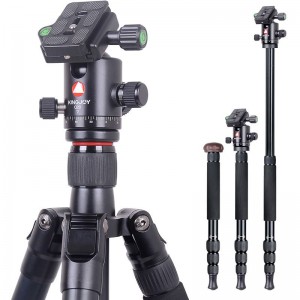 Комплект триножки Kingjoy Travel Tripod, алуминиев статив за видеокамера с теглеща глава за теглене, централна колона, регулируем ъгъл на к...