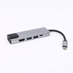 5-в-1 USB тип C към HDMI + LAN (1000M) + USB 3.0x2 + тип C адаптер за концентратор