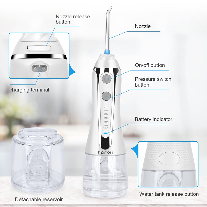 H2ofloss Water Flosser Professional безжичен зъбен орален иригатор - преносим и зареждащ се IPX7 водоустойчив воден конденз за почистване на зъби, 300ml резервоар за дома и пътуване (HF-2)