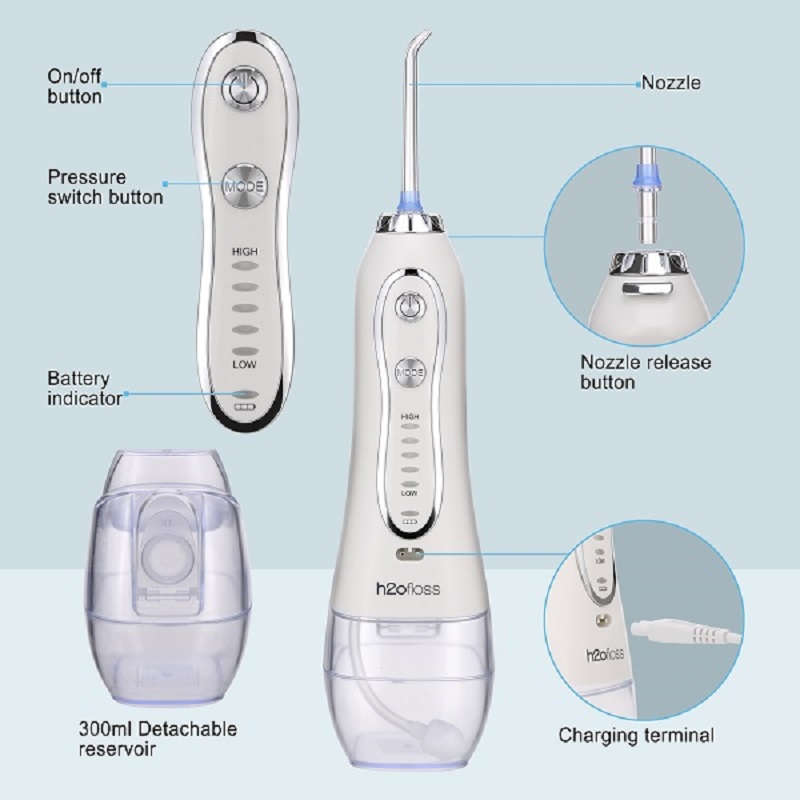 H2ofloss Water Flosser Professional безжичен зъбен орален иригатор - преносим и зареждащ се IPX7 водоустойчив воден конденз за почистване на зъби, 300ml резервоар за дома и пътуване (HF-6)