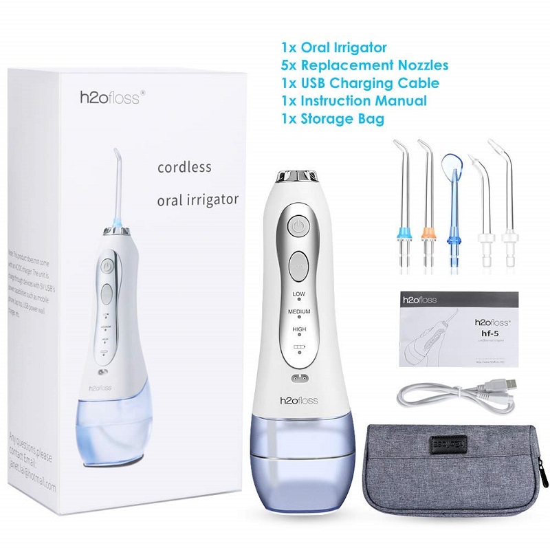 H2ofloss Water Flosser Professional безжичен зъбен орален иригатор - преносим и зареждащ се IPX7 водоустойчив воден конденз за почистване на зъби, 300ml резервоар за дома и пътуване (HF-5)