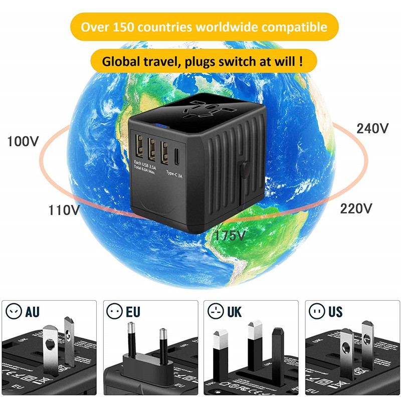 Максимална мощност 1920W и 30W (3USB и 1Type C) Супер бързо зареждане Universal Universal Adapter за пътуване в световен мащаб Универсален адаптер за стена с PD и Quick Charge 3.0 за САЩ EU UK AUS (Пакетът може да варира)