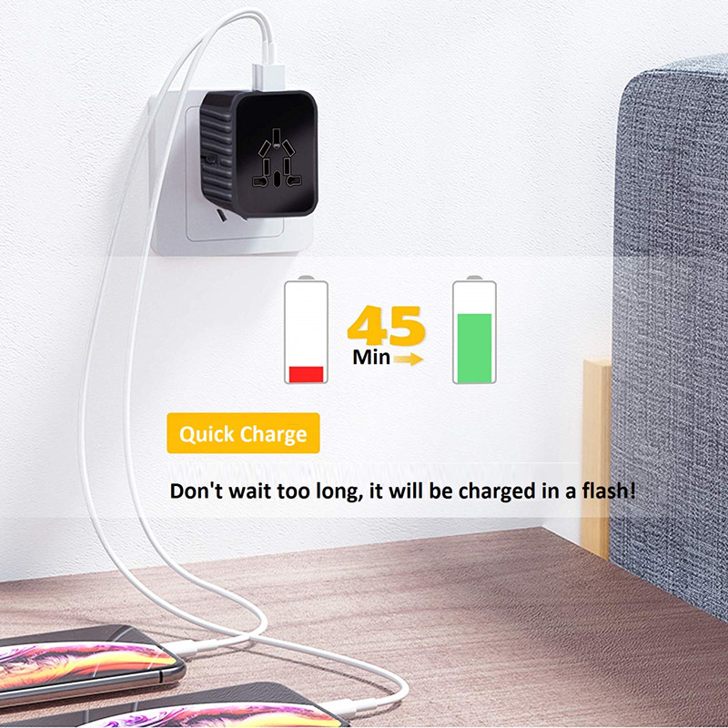 Максимална мощност 1920W и 30W (3USB и 1Type C) Супер бързо зареждане Universal Universal Adapter за пътуване в световен мащаб Универсален адаптер за стена с PD и Quick Charge 3.0 за САЩ EU UK AUS (Пакетът може да варира)