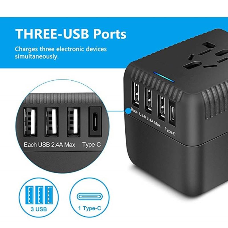 RRRTRAVEL Universal Travel Adapter, All in One International Power Adapter with 3 USB +1 Type-C Charging Ports, European Plug Adapter, AC Outlet Plug Adapter for European, US, UK, AU 160+