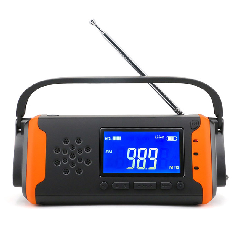 LCD цифрово радио за спешни метеорологични условия, Solar Hand Crank AM / FM NOAA радио със светодиодно фенерче, AUX-в музикален плейър, 4000mAh банка за зарядно за мобилен телефон и SOS аларма