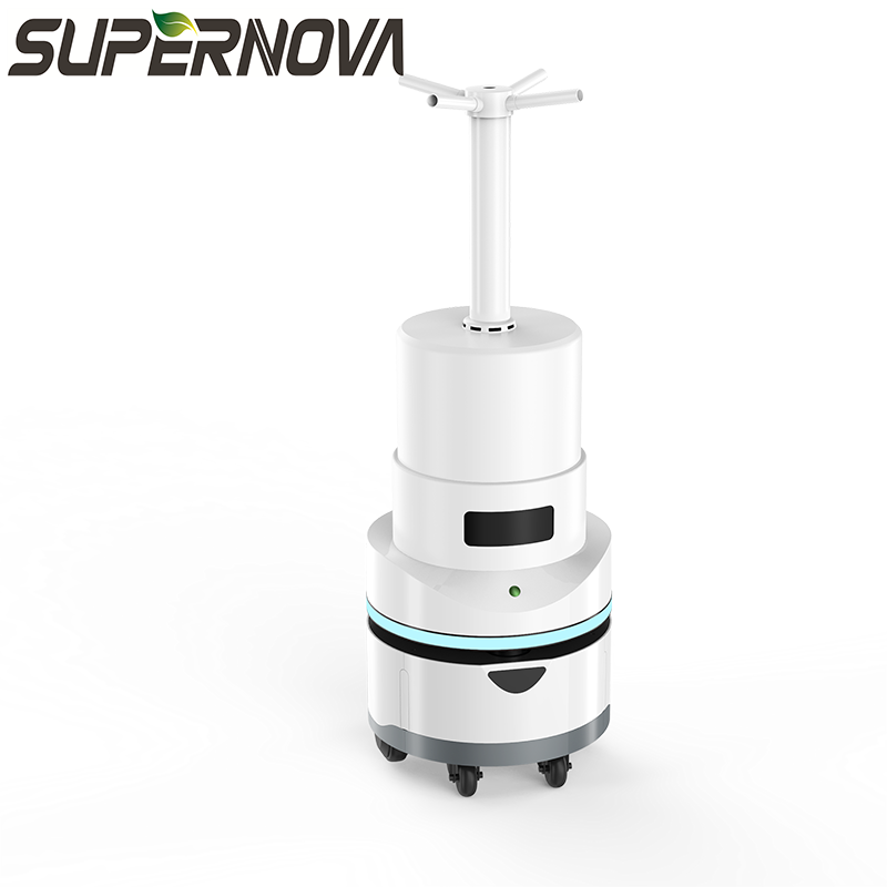 Високоефективен антивирусен автоматично презареждащ се робот за дезинфекция на индустриални спрейове, атомизиращ робот за стерилизация