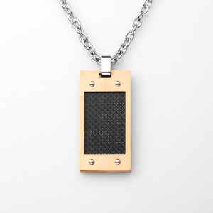 Mens Carbon Fiber Necklace Rose Gold plated Army Style Stainless Steel Dog Tag Pendant