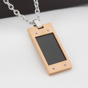 Mens Carbon Fiber Necklace Rose Gold plated Army Style Stainless Steel Dog Tag Pendant