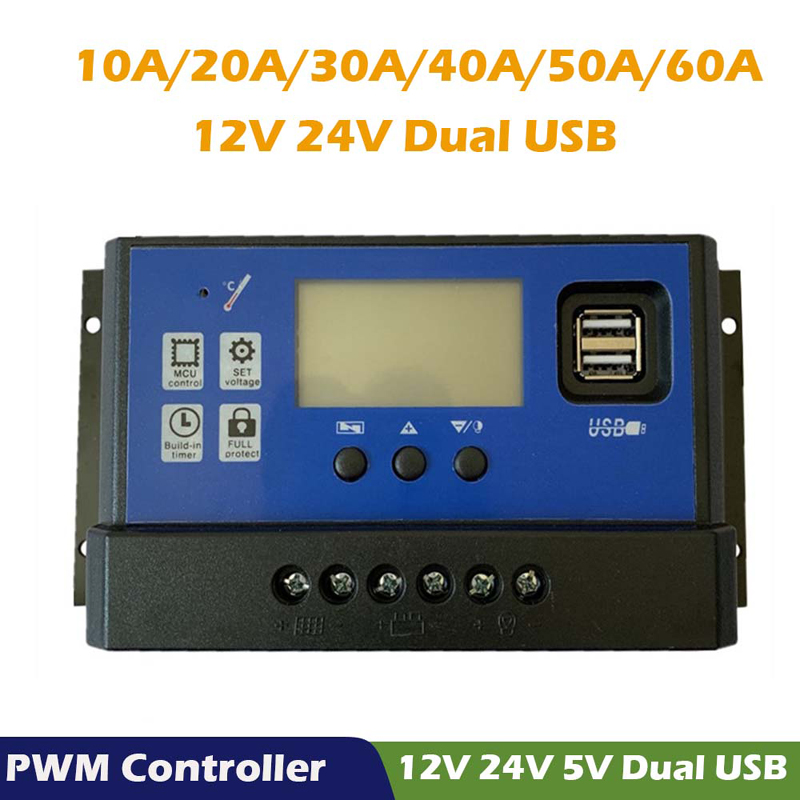 PWM Solar Charger Controller 60A 50A 40A 30A 20A 10A 12V 24V зарядно устройство за батерии LCD Dual USB слънчев панел MAX 50V PV вход