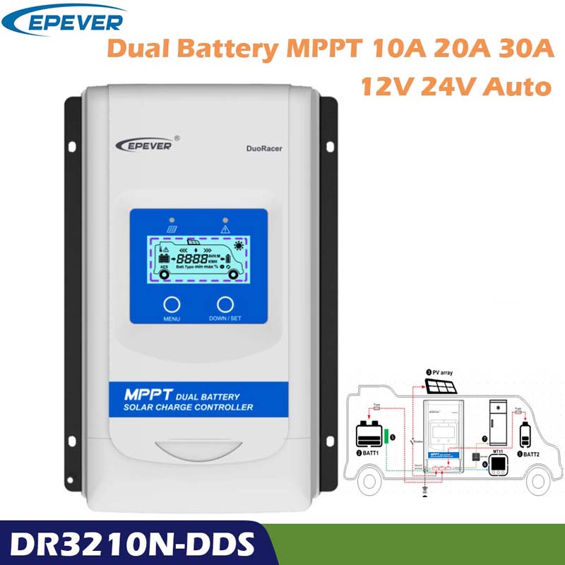 EPEVER DUORACER MPPT 10A 20A 30A SOLAR зарядно устройство и контролер за разтоварване 12V 24V AUTO DUAL батерия регулатор за RV кемпер лодка