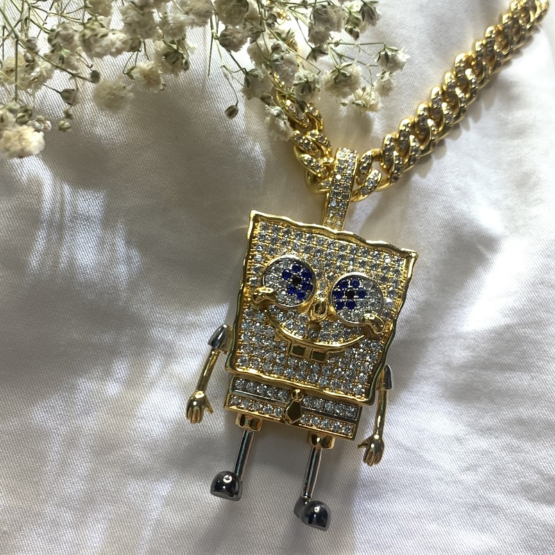 Модни карикатура Спонджбобски кваслати Inlaid Zircon висулка Hip Hop Street Trend Trend