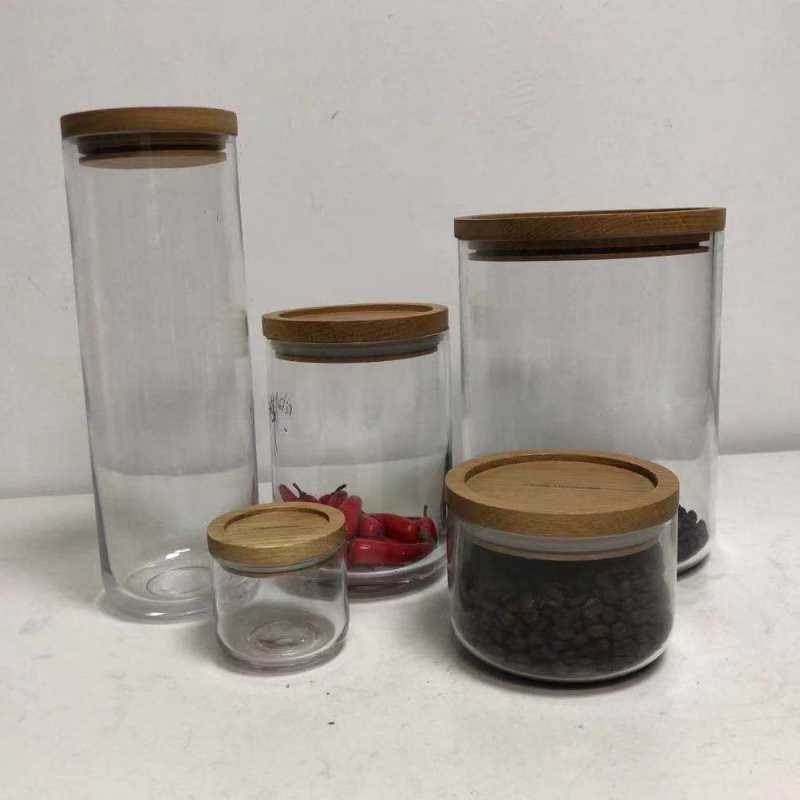Ясно стъклена хранителна кутия Canister Jar Колекция с въздушен дървен капак
