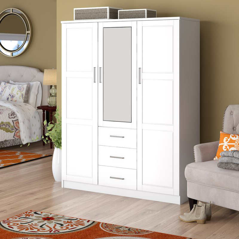 MWD22008-масивен семеен гардероб Nicset Nicket, 3-врата гардероб с огледало и 3 чекмеджета, бял.