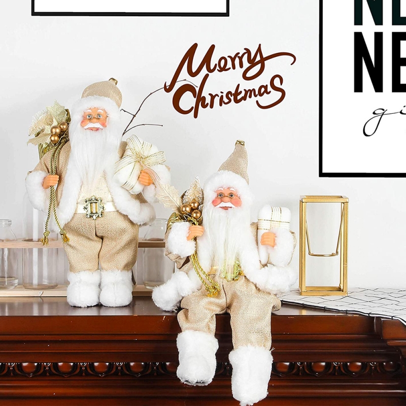 12inch седнал златен Санта Клаус фигурка с подаръчни чанти листа и кутия, носещи бели обувки Коледа празник декорация