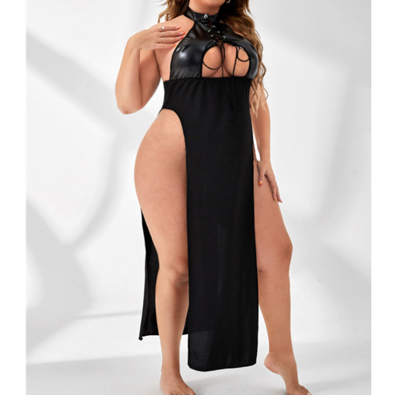 Секси изрязана нощна рокля Pu Harness Hoop Neck Long Night Robe с вратовръзка отпред