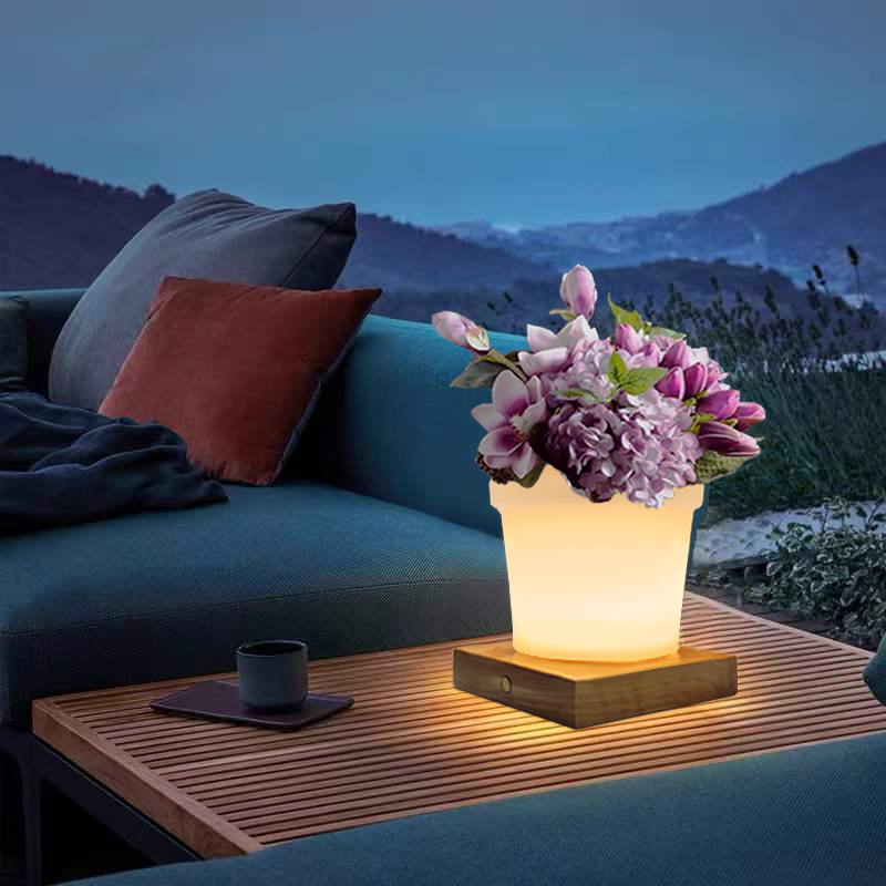 RGB смяна на цвета LED зала за растения за приземяване на лампа за допир, модерен прост PE пластмасова саксия с цветя LED лампи с масивна дървесина за хол/bedroom/office