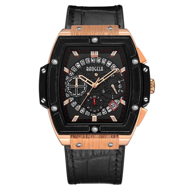 Baogela Brand Fashion Mens Sports Waterproof Calendar Wats Watch Square многофункционална силиконова лента Мъжки часовник 1703 Rose Black