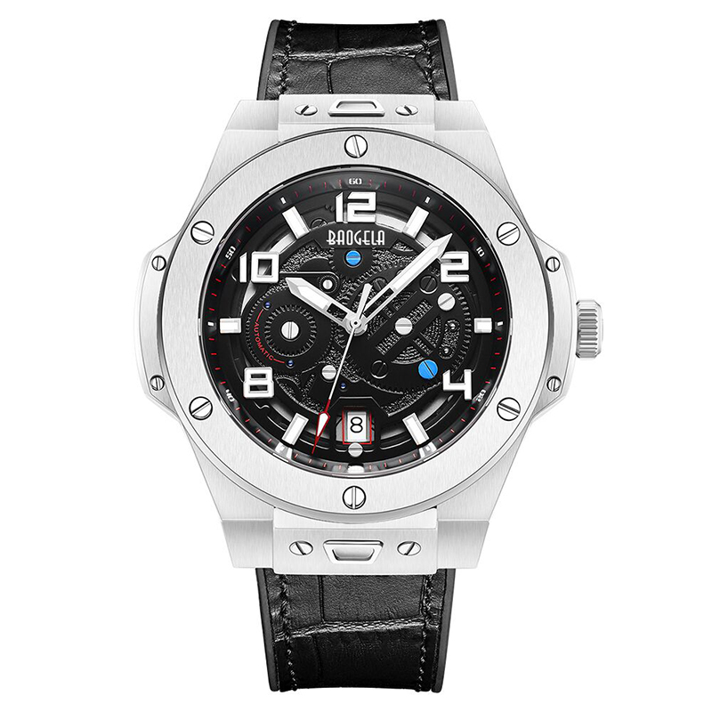 Baogela Men 'S Watch Mechanical Watch Автоматичен кухи модни мъже светещ голям циферблат 50м водоустойчив часовник 2001 черен