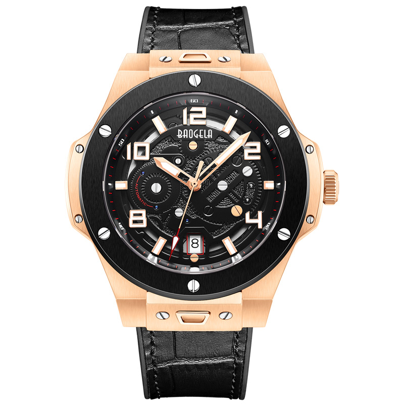 Baogela Men 'S Watch Mechanical Watch Автоматичен кухи модни мъже светещ голям циферблат 50м водоустойчив часовник 2001 черен