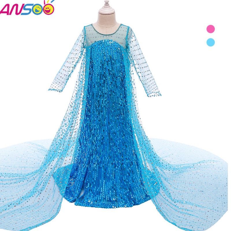 Ansoo Top Sell Cloths Фантастична принцеса Облечете пайети с дълга опашка 2022 Elsa Anna Ressing за момичета