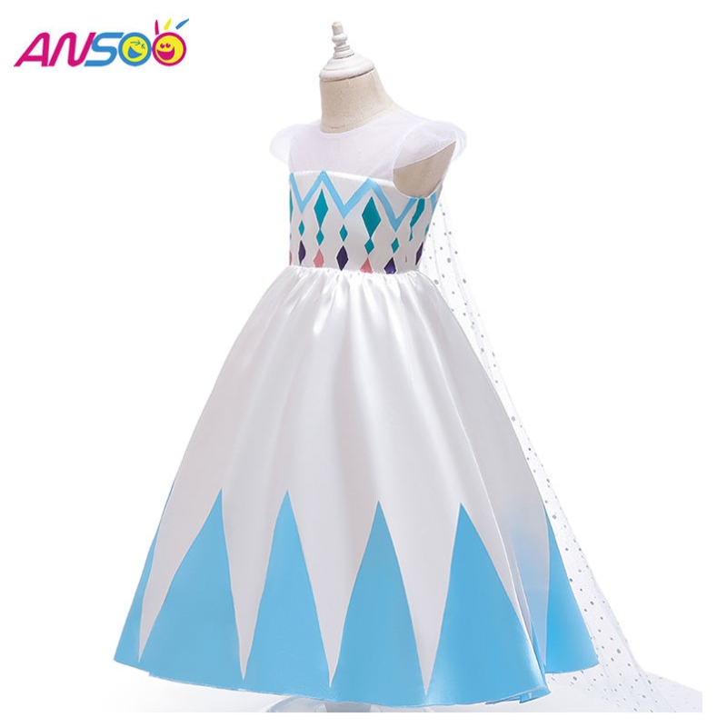 Ansoo New New Wholesale Price Cartoon Elsa White Princess for Girls Рокли Хелоуин костюми за момичета