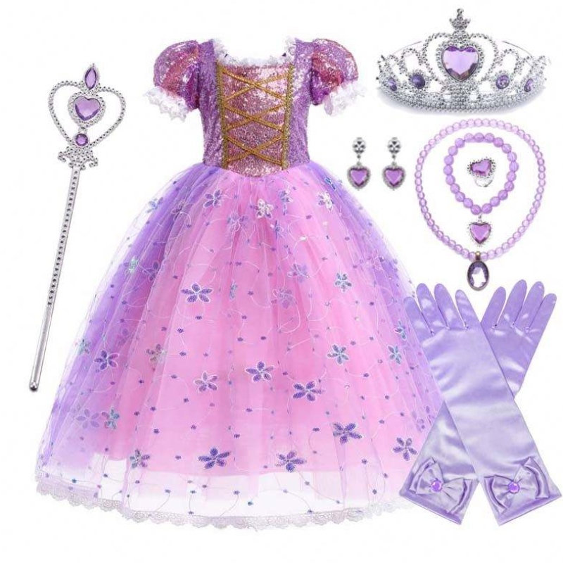 Момичета принцеса костюм Rapunzel Puff Sleeve Sequin Cosplay Dress Purple с аксесоари HCRS-007