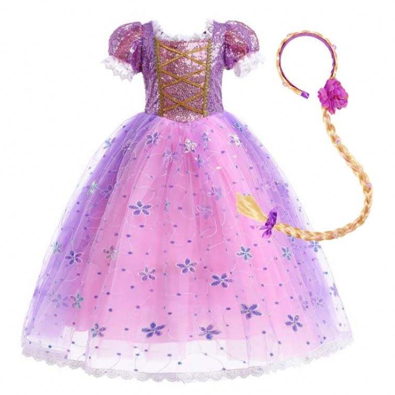 Момичета принцеса костюм Rapunzel Puff Sleeve Sequin Cosplay Dress Purple с аксесоари HCRS-007