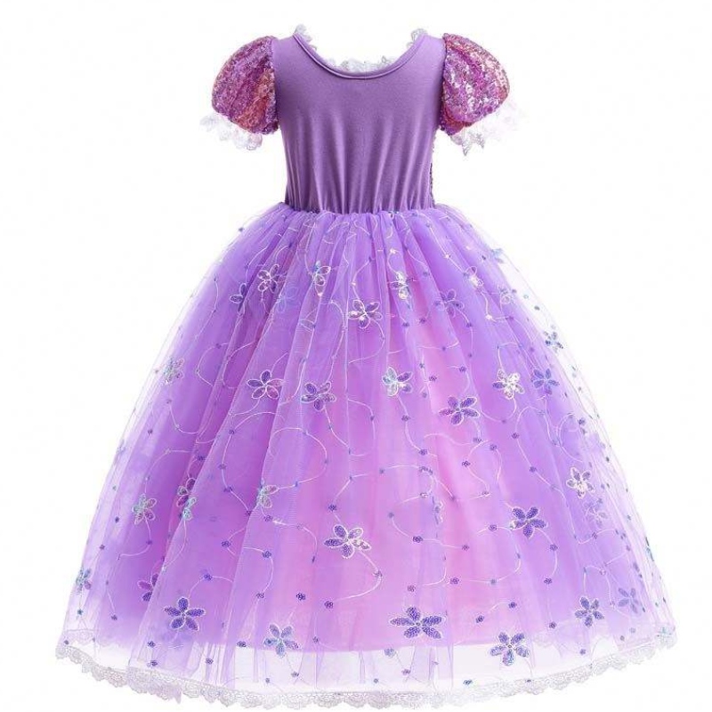 Момичета принцеса костюм Rapunzel Puff Sleeve Sequin Cosplay Dress Purple с аксесоари HCRS-007