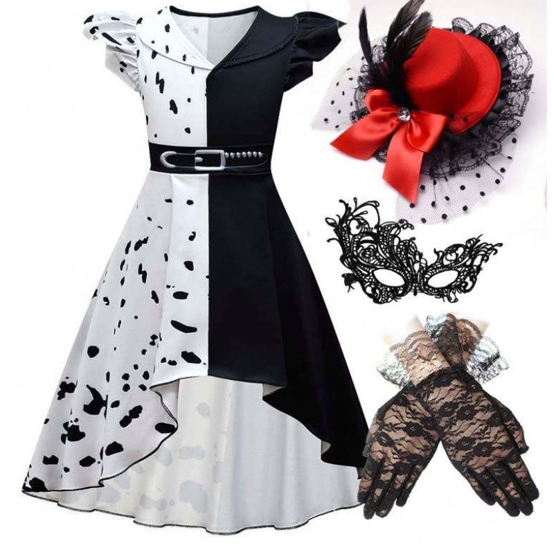 Хелоуин Косплей костюм момичета черно бяла роля Играта Cruella костюм Пълен комплект DGHC-141