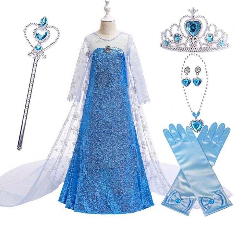 Деца костюм малко момиче синя рокля снежна кралица нос принцеса Елза рокля HCGD-047