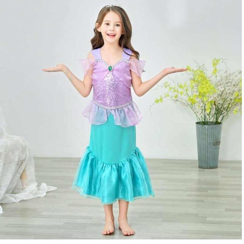 Принцеса Малки момичета Пайети русалка рокля за момиче 6to7 години с бижута HCMM-006