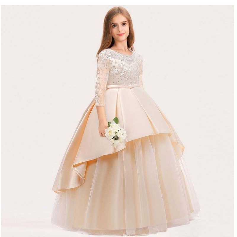 Baige дълъг стил деца сватбена топка рокля момичета фрок дизайн Kids Party Wear Long Frock 9101
