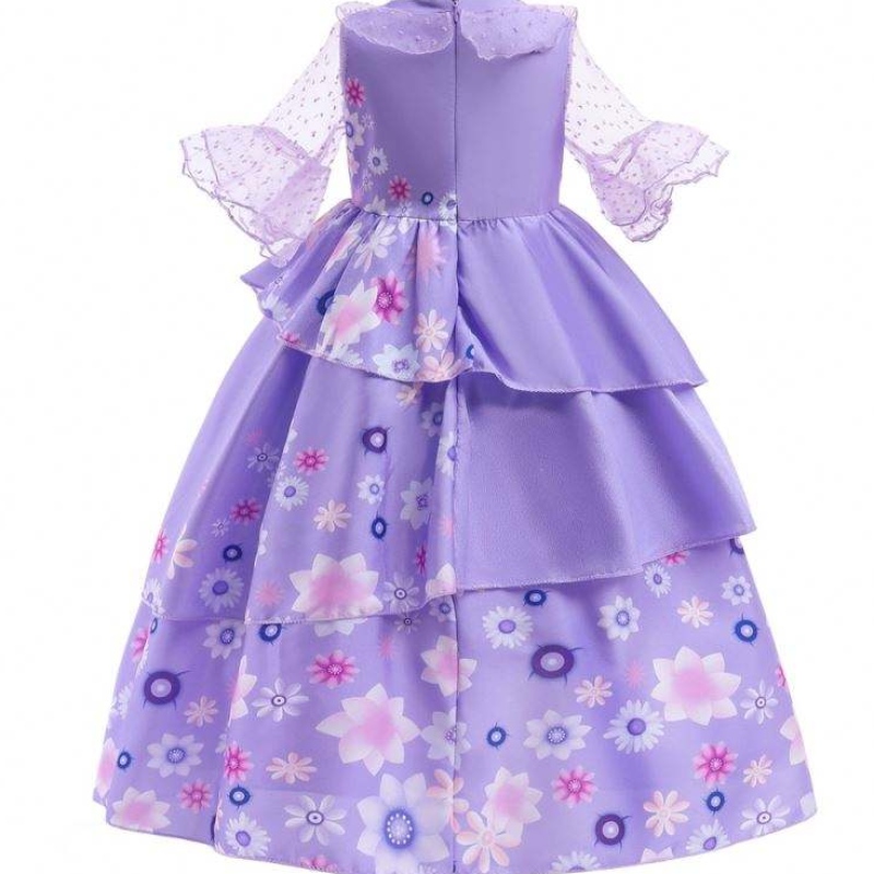 Гореща продажба Kids Encanto Movie Covume Isabella Cosplay Purple Floral Girls Silk Maxi дълга рокля
