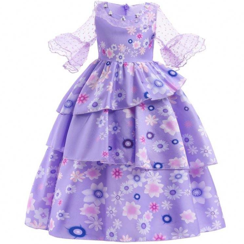 Гореща продажба Kids Encanto Movie Covume Isabella Cosplay Purple Floral Girls Silk Maxi дълга рокля