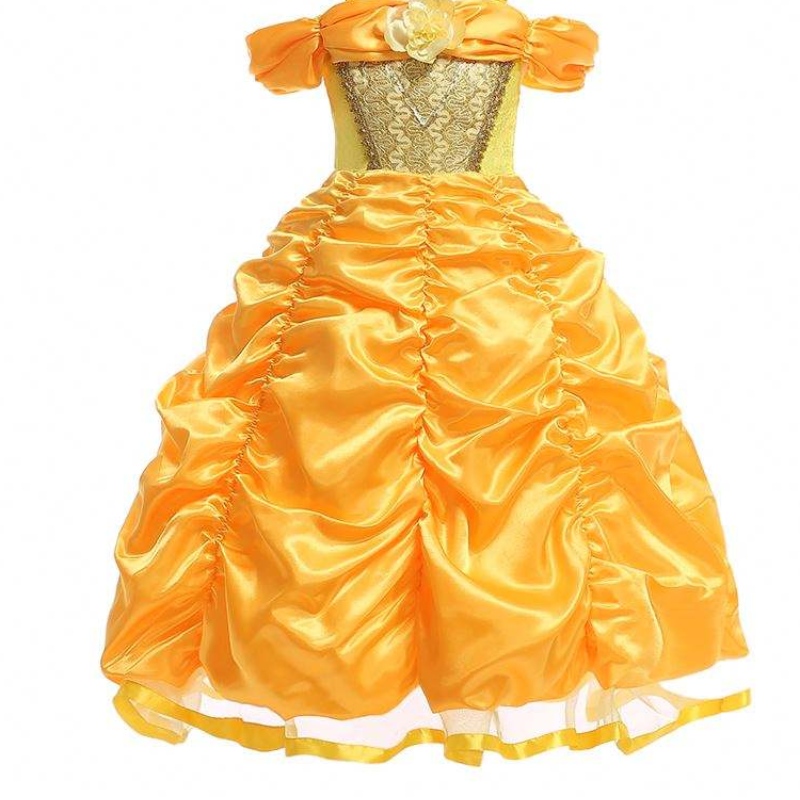 Baige New Design Kids Costume Girls Dress Imames със снимки принцеса Belle Long Rown Puffy Yellow Ressing SMR023
